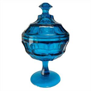 Stunning MCM Westmoreland Blue Glass Dish with Pedistal and Lid - Glass Collecti